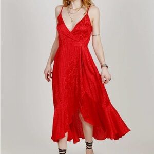 Band of the Free‎ Red Floral Burnout Velvet Burnout Midi Dress Tie Back